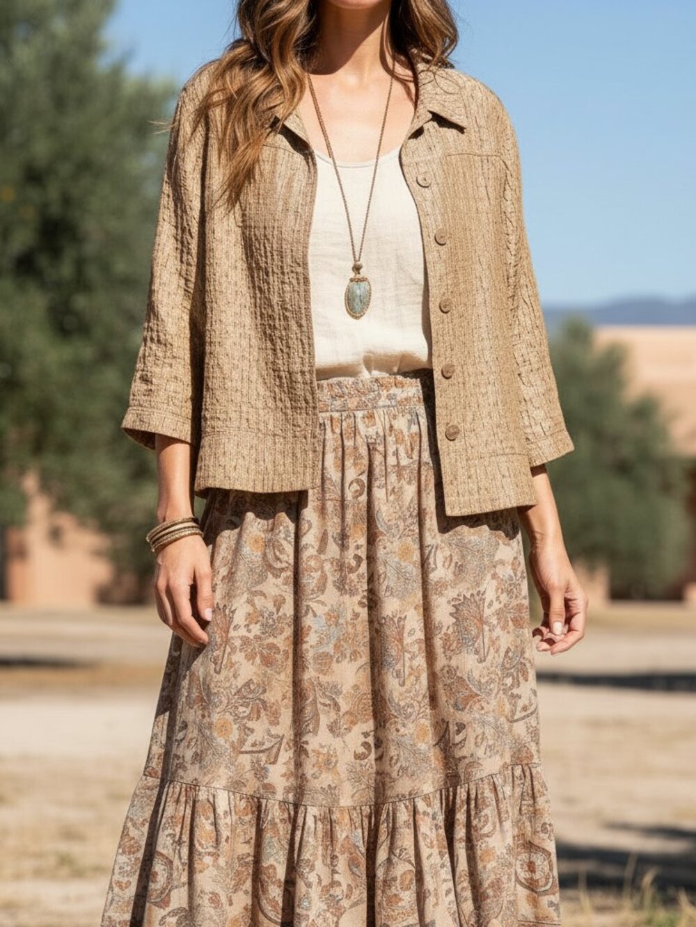 Erin London PL Blazer Jacket Tan Gold Shiny Textured Glam Earthy Boho Cottage